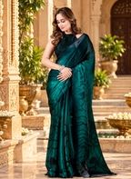 Soft Space Silk Zarkhan Border Work Saree With Unstitched Blouse(Bottle Green)