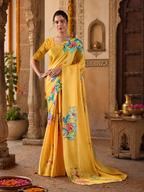 Satin Georgette Floral Digital Printed Saree With Unstitched Blouse(Yellow)