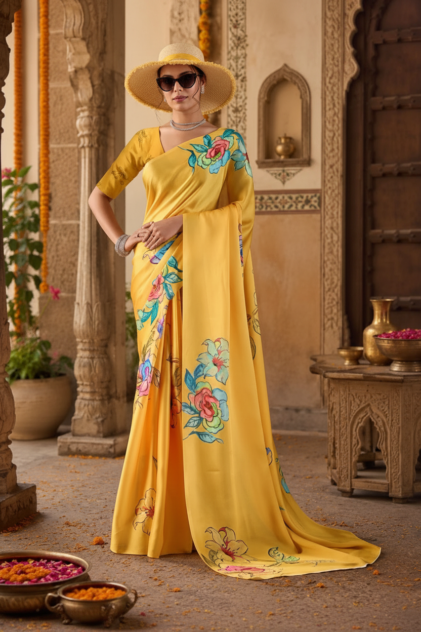 Satin Georgette Floral Digital Printed Saree With Unstitched Blouse(Yellow)