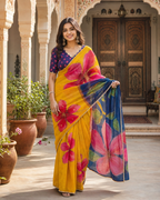 Georgette Digital Printed Saree With Unstitched Blouse(Yellow)