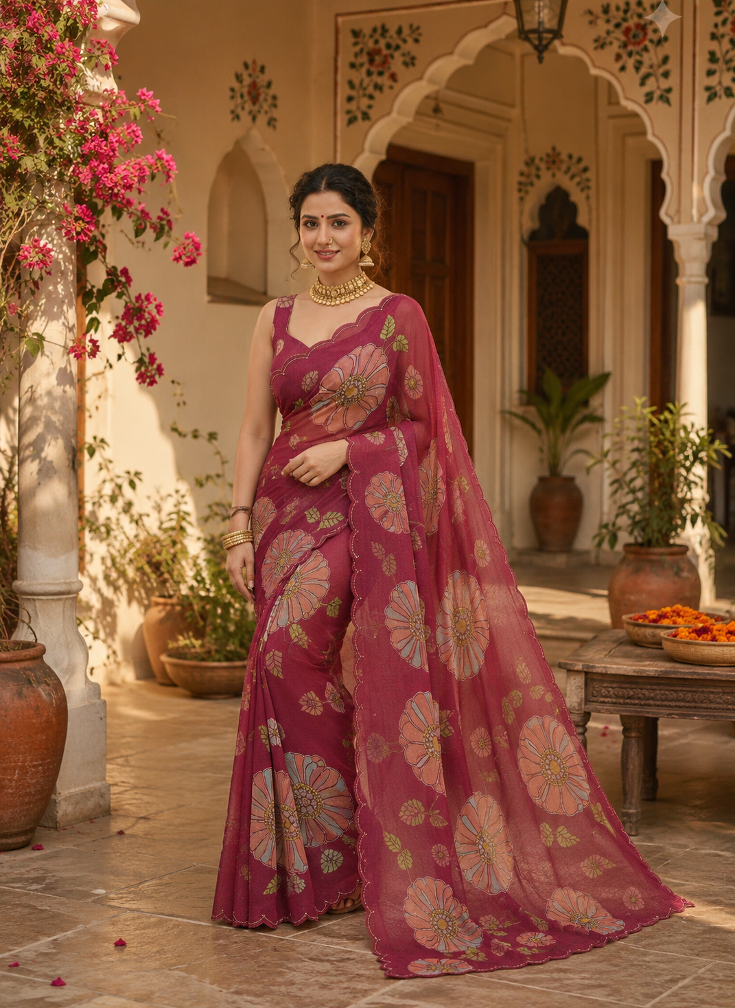 Organza Floral Print Saree With Unstitched Blouse(Red)