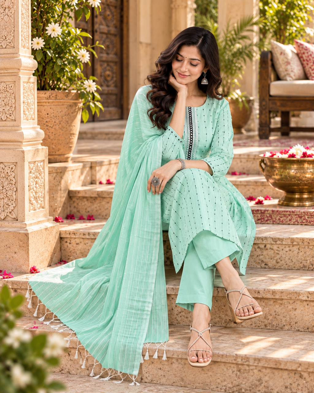 Cotton Kurti Pant Set With Dupatta(Teal)