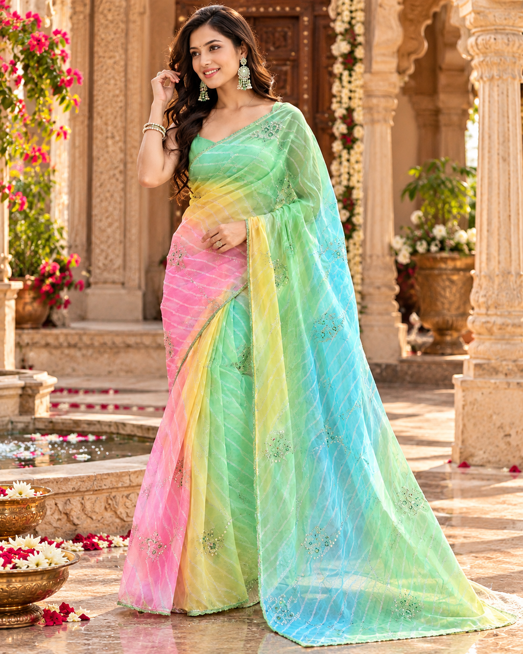 Georgette Lehriya Design Saree With Unstitched Saree(Multicolor)