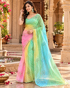 Georgette Lehriya Design Saree With Unstitched Saree(Multicolor)