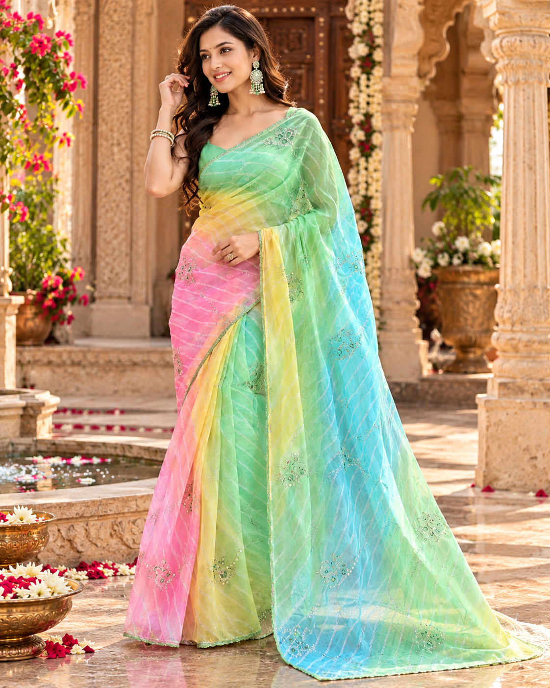 Georgette Lehriya Design Saree With Unstitched Saree(Multicolor)