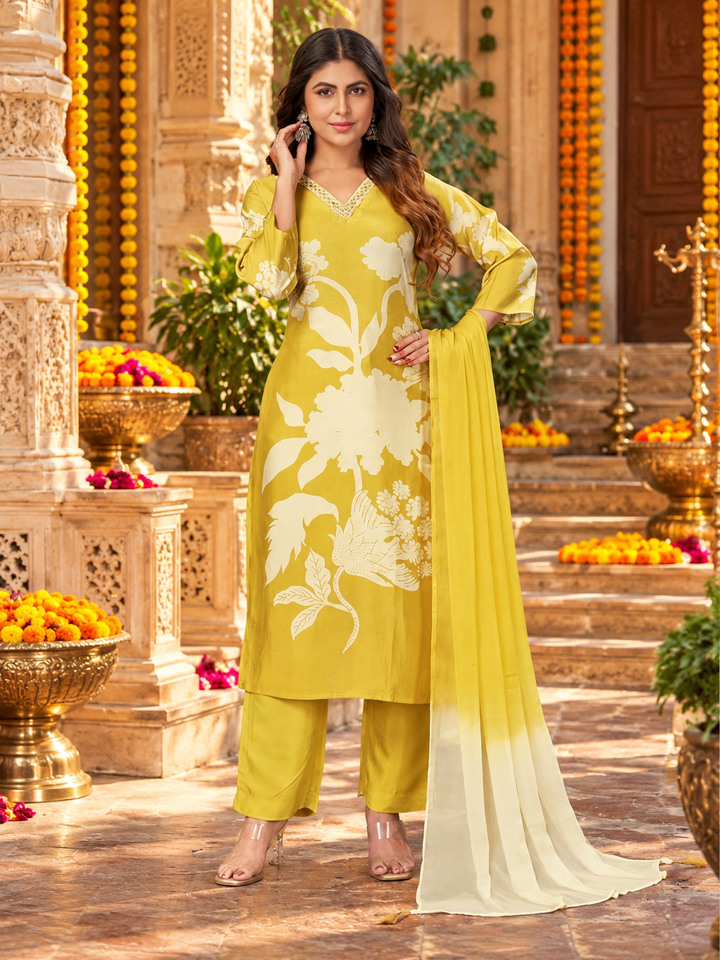 Chanderi Cotton Kurti Pant Set With Dupatta(Mustard)