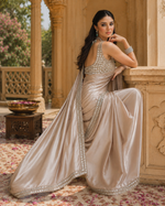 Load image into Gallery viewer, Premium Satin Silk Embroidery Work saree With Unstitched Blouse(Cream)
