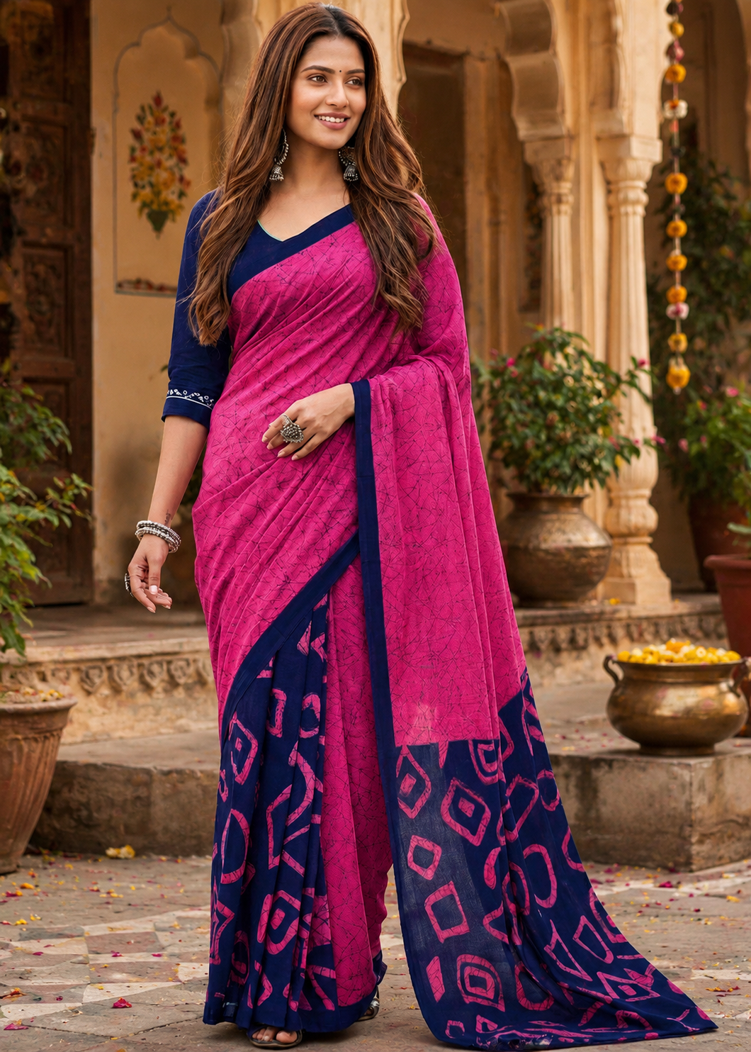 Mulmul Cotton Block Print Saree With Unstitched Blouse(Pink)