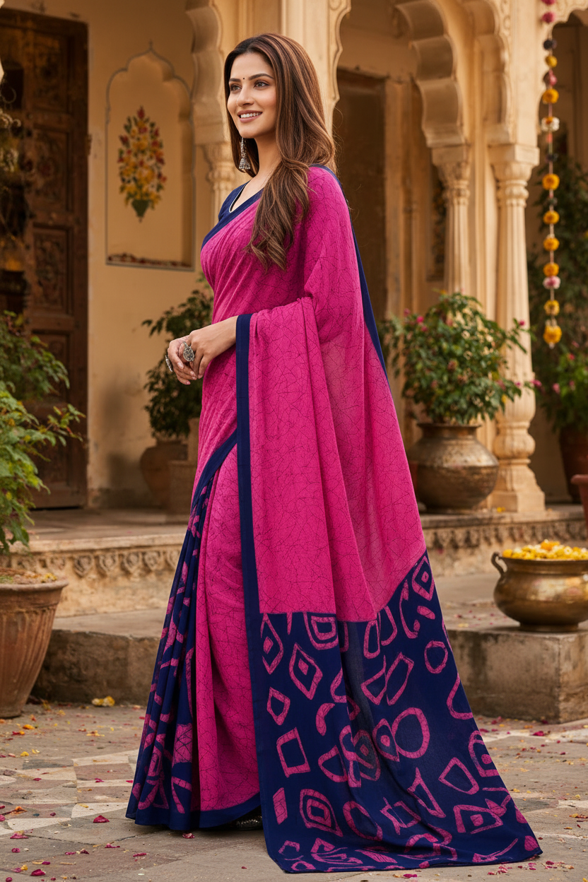 Mulmul Cotton Block Print Saree With Unstitched Blouse(Pink)