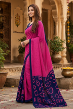 Mulmul Cotton Block Print Saree With Unstitched Blouse(Pink)