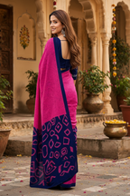 Mulmul Cotton Block Print Saree With Unstitched Blouse(Pink)