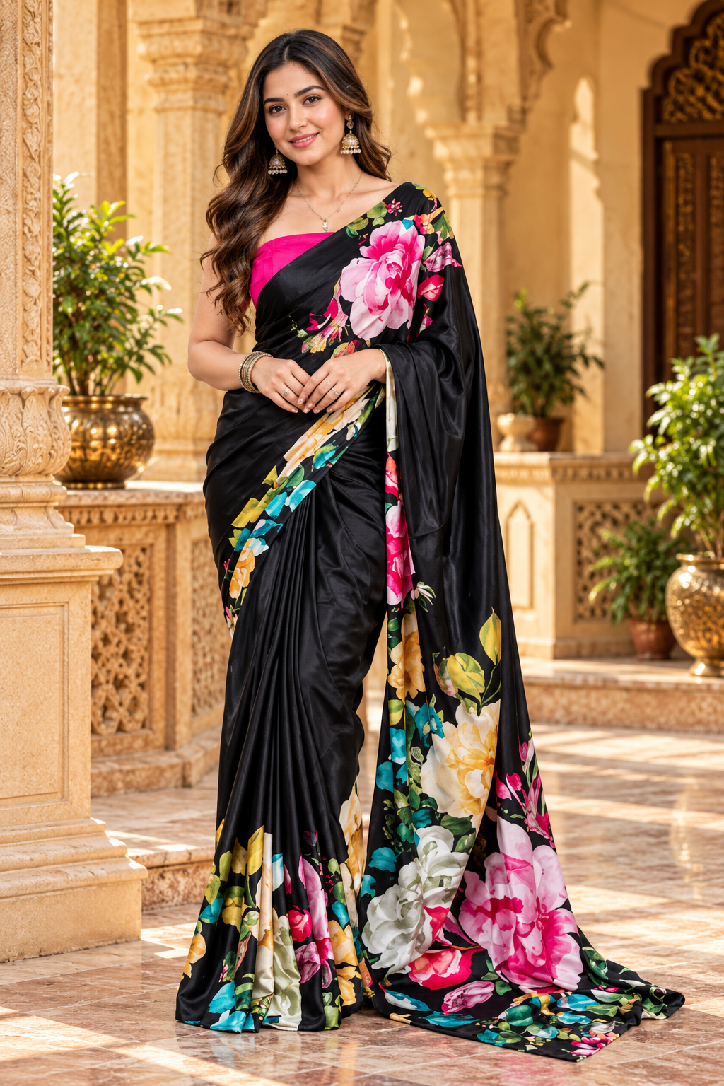 Satin Silk Printed Saree With Unstitched Blouse(Black)