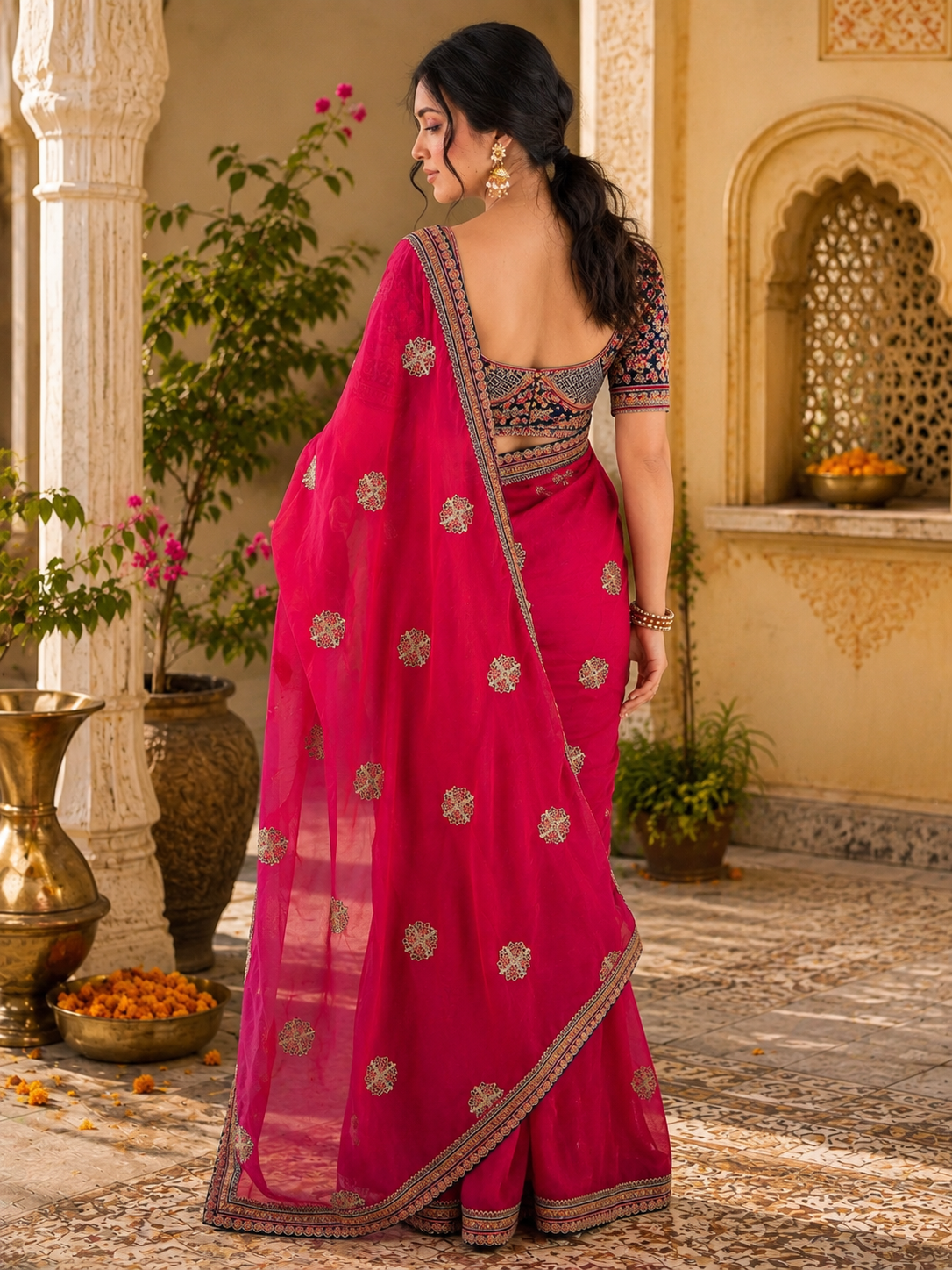 Satin Embroidery Work Saree With Unstitched Blouse(Rani)