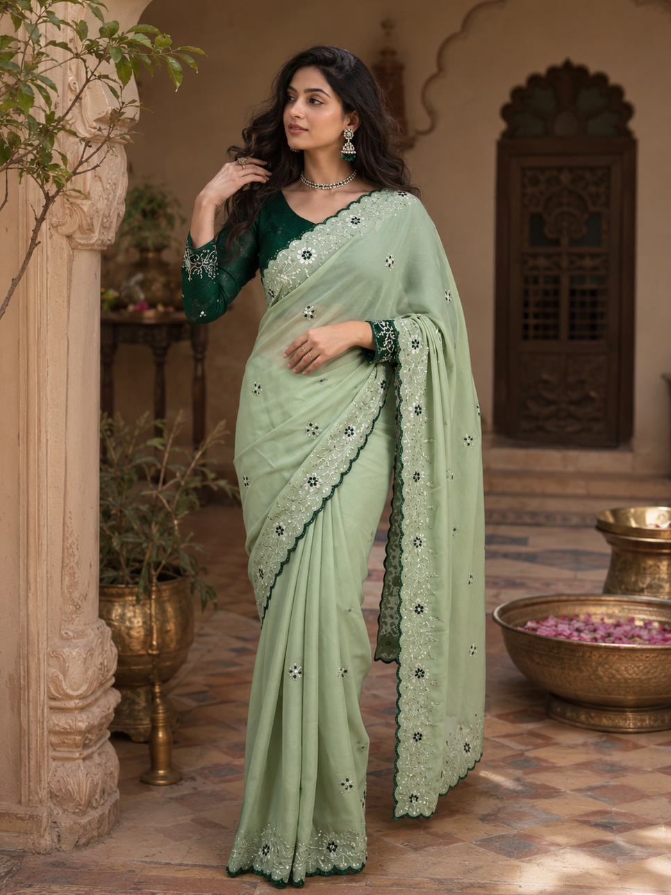 Premium Georgette Saree With Unstitched Blouse(Green)