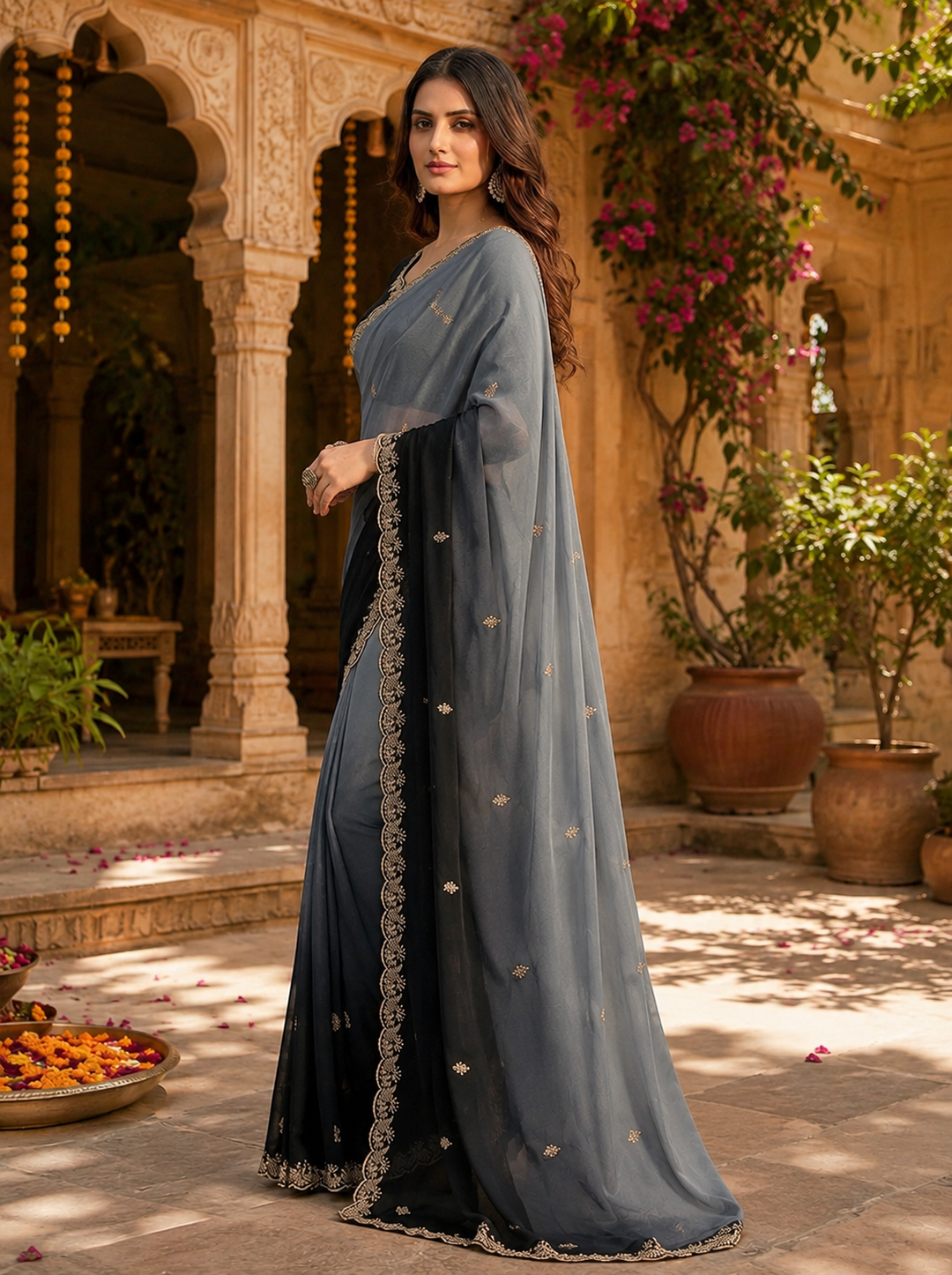 Georgette Border Work Saree With Unstitched Blouse(Grey)
