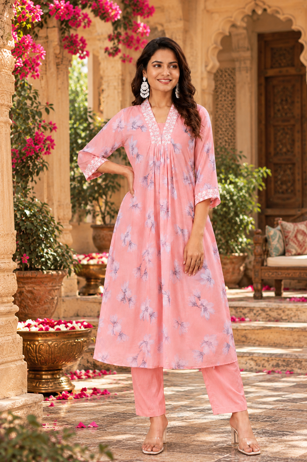 Georgette Chikankari Kurti Pant Set(Pink)
