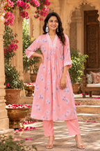 Georgette Chikankari Kurti Pant Set(Pink)