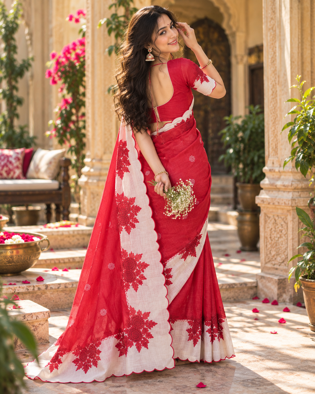 Premium Linen Digital Print Cut Work Border Saree With Ustitched Blouse (Red)
