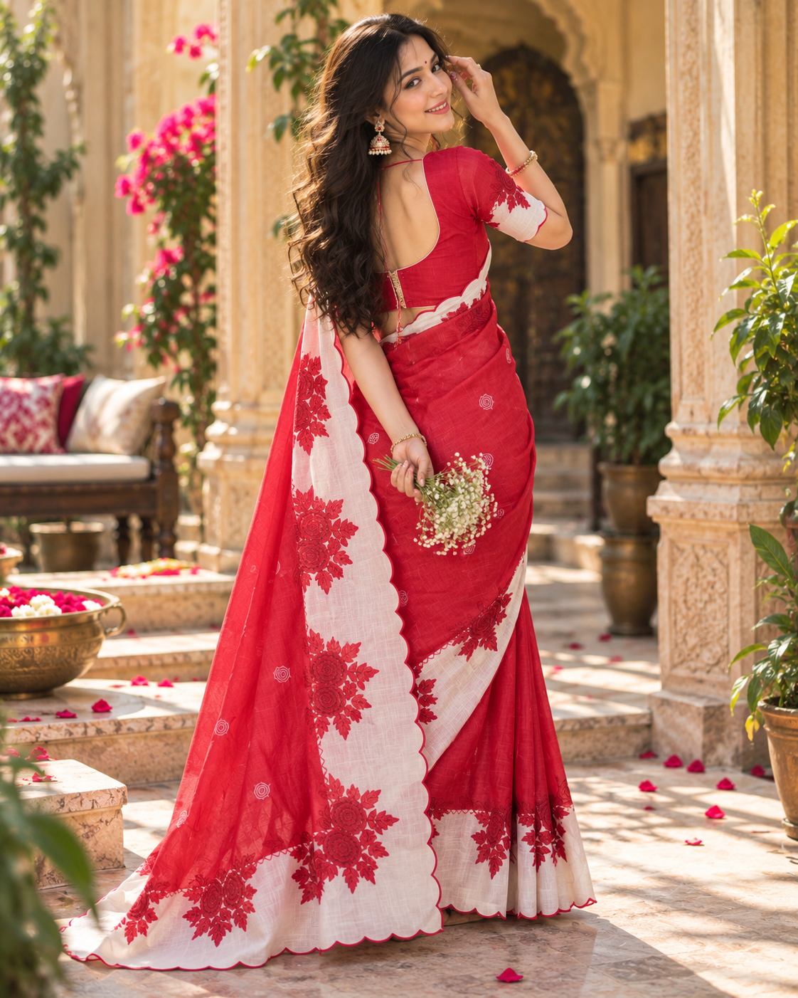 Premium Linen Digital Print Cut Work Border Saree With Ustitched Blouse (Red)