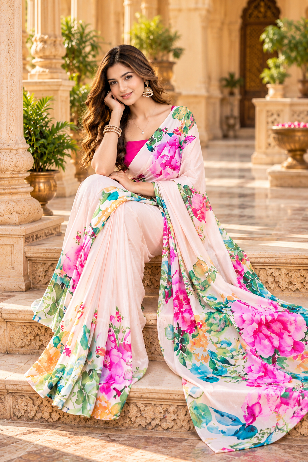 Satin Silk Printed Saree With Unstitched Blouse(White)