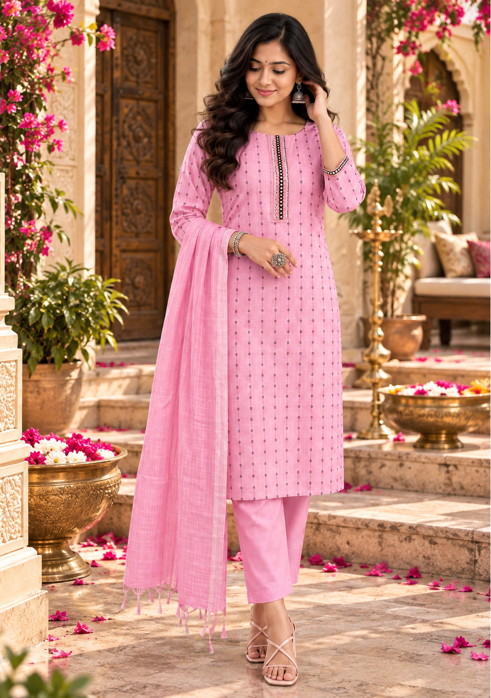 Cotton Kurti Pant Set With Dupatta(Pink)