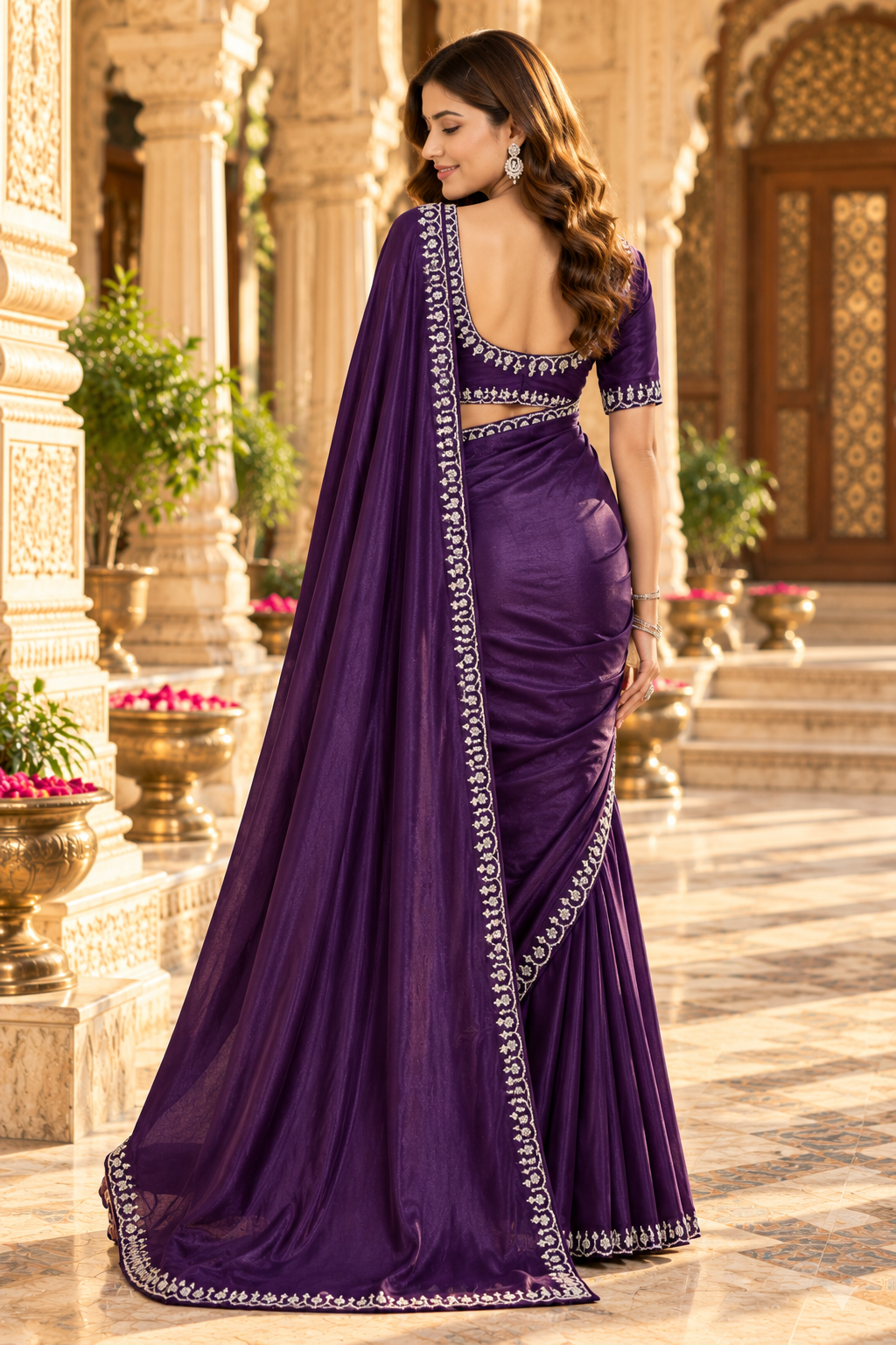 Pure Space Silk Diamond Zarkhan Work Saree With Unstitched Blouse(Violet)