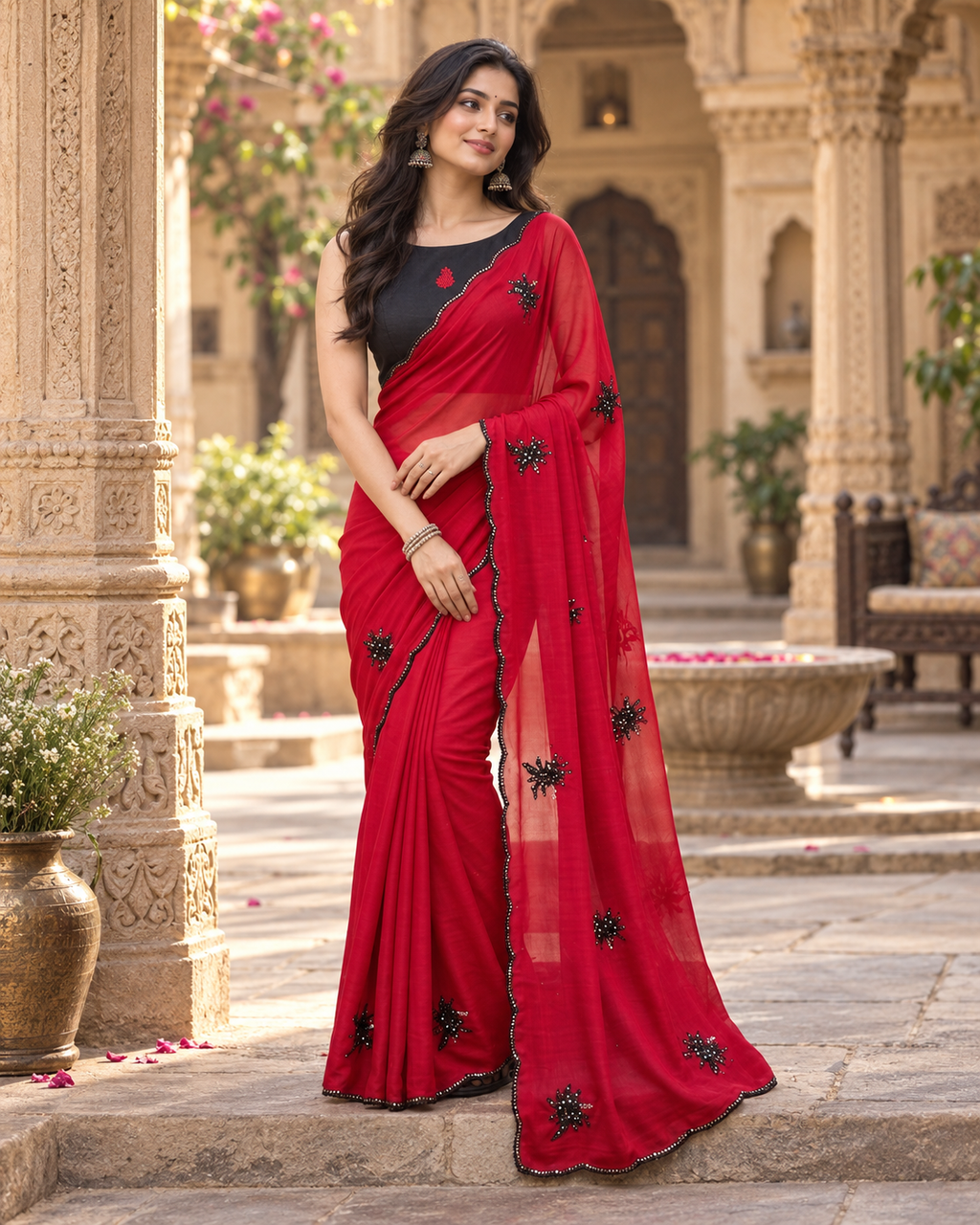 Georgette Sequins Work Saree With Unstitched Blouse(Red)