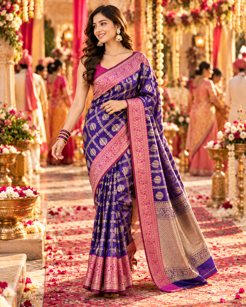 Banarasi Silk Saree Golder Zari Border With Unstitched Blouse(Blue)
