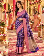 Banarasi Silk Saree Golder Zari Border With Unstitched Blouse(Blue)