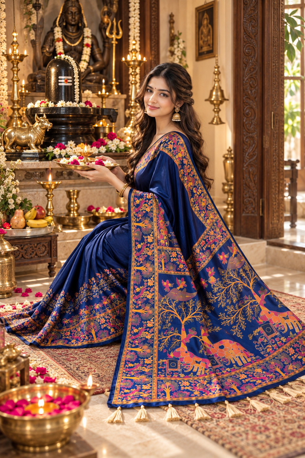Premium Pashmina Kashmiri  Meenakari Weaves Tassels Saree (Blue )