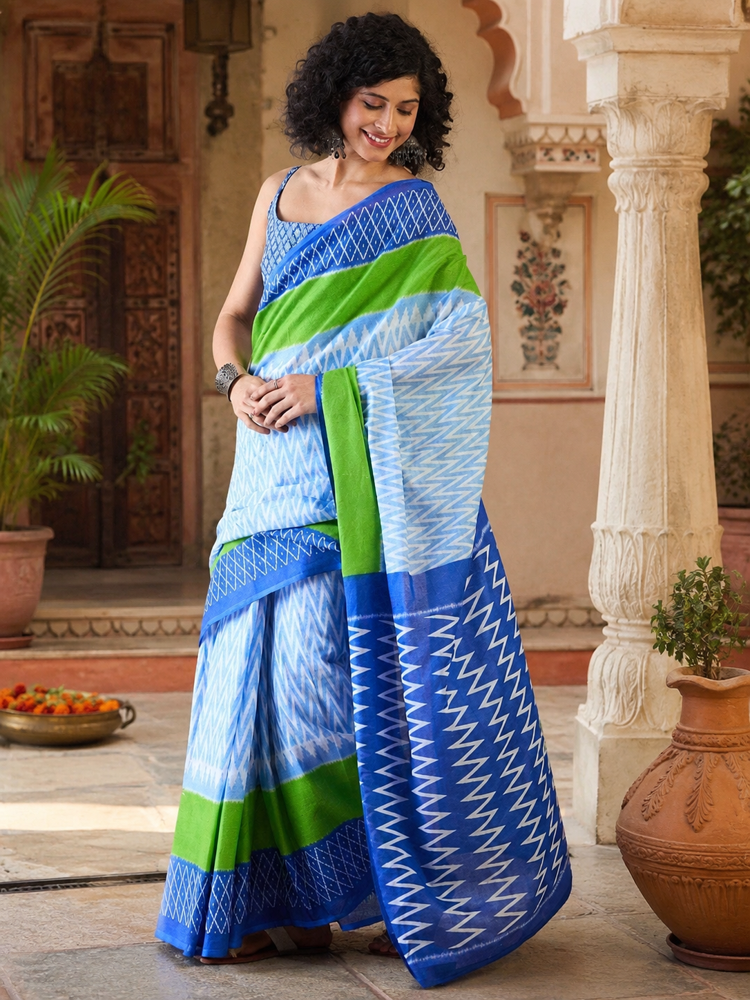 Mulmul Cotton Printed Pocket Saree With Unstitched Blouse(Sky Blue)