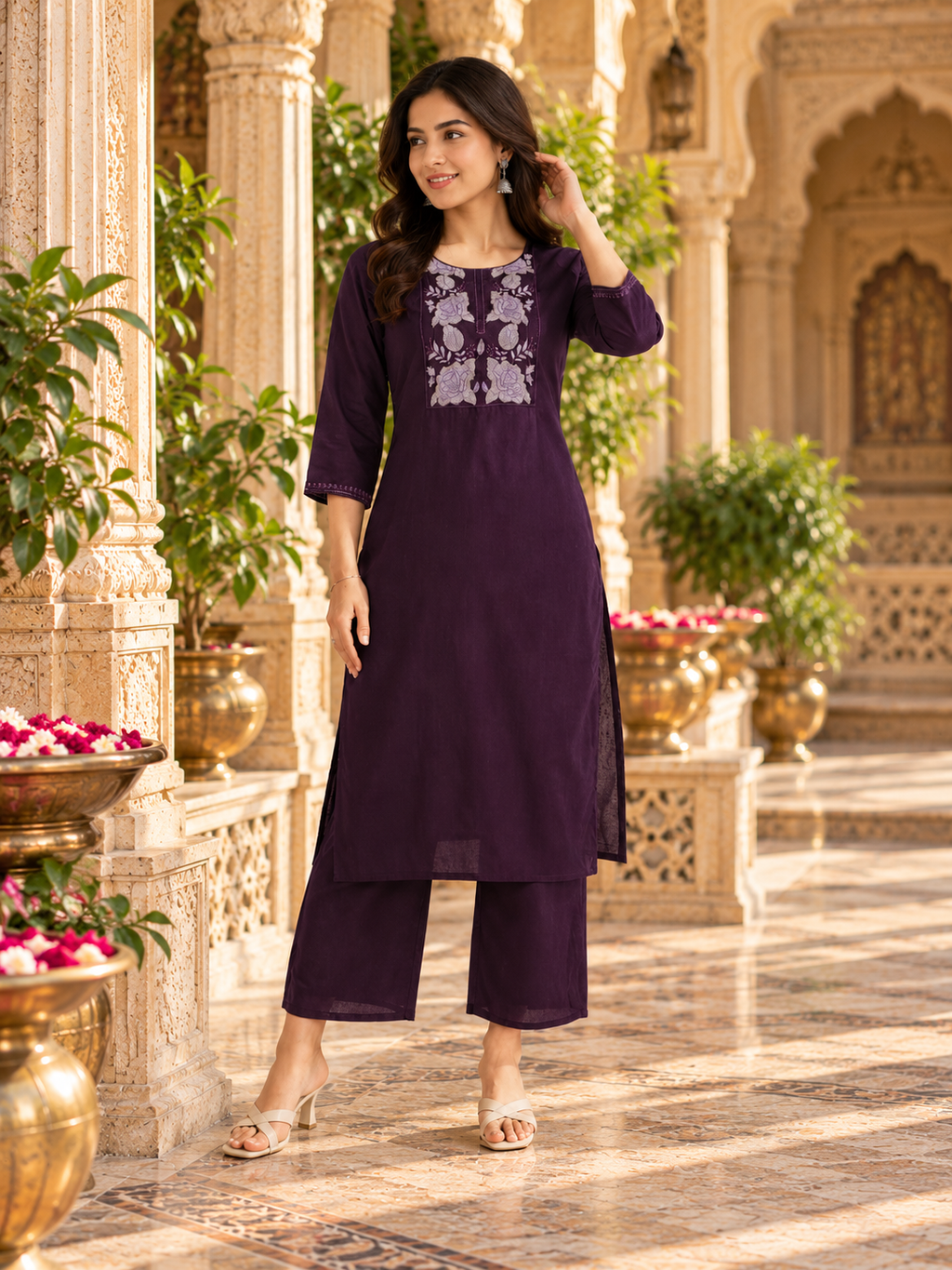 Cotton Kurti Palazzo Set(Dark Wine)