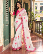 Pure Tabby Silk Embroidery Sequin Work Saree With Unstitched Blouse(White)