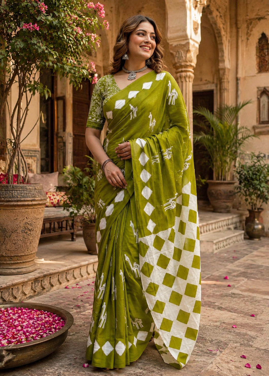 Soft Pure Cotton Printed Saree With Unstitched Blouse(Green)