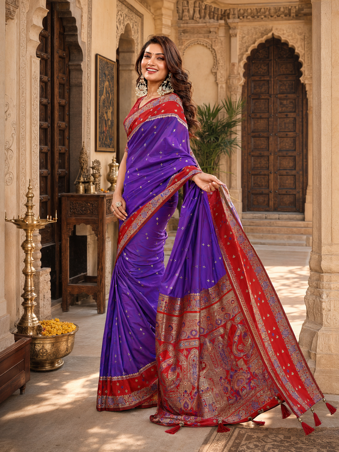 Pure Handloom Kalamkari Silk Zari Woven Borders Saree With Unstitched Blouse(Purple)
