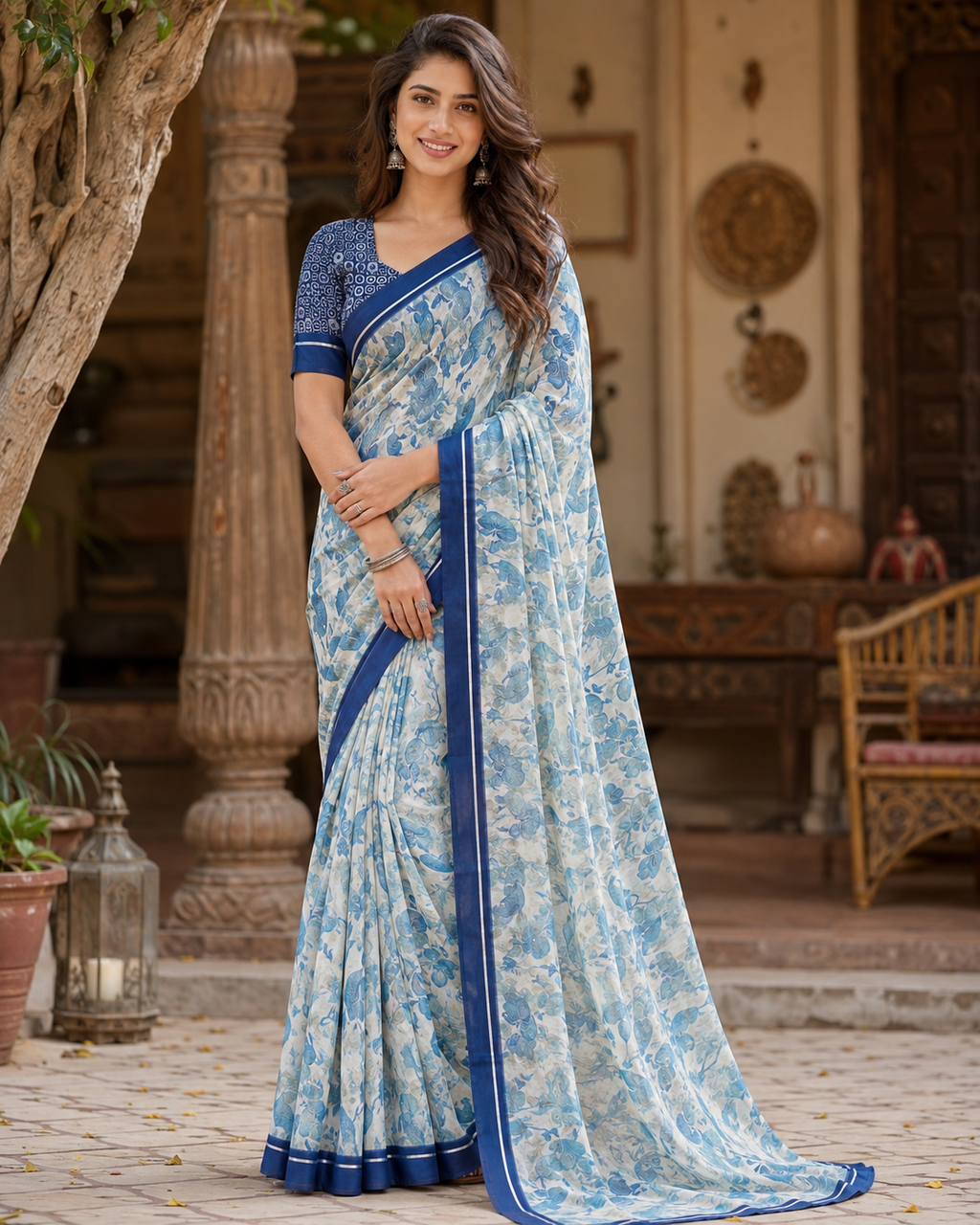 Satin Silk Printed Saree With Unstitched Blouse(Blue)