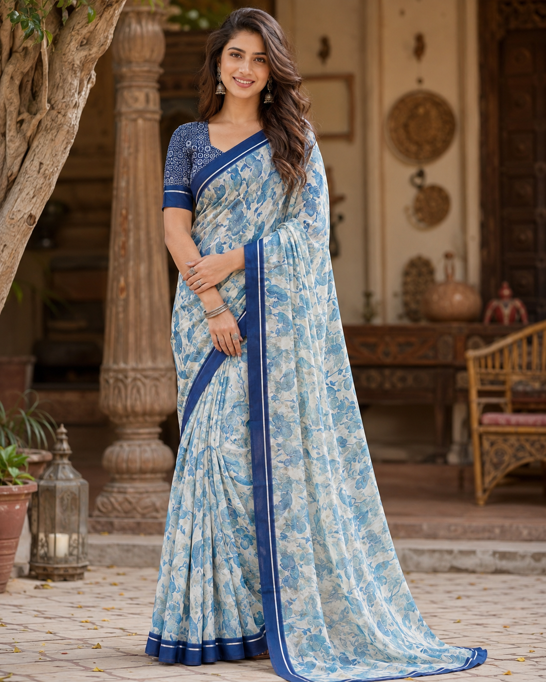 Satin Silk Printed Saree With Unstitched Blouse(Blue)
