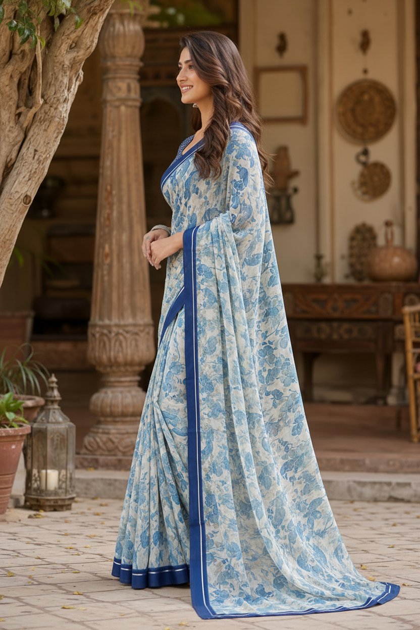 Satin Silk Printed Saree With Unstitched Blouse(Blue)