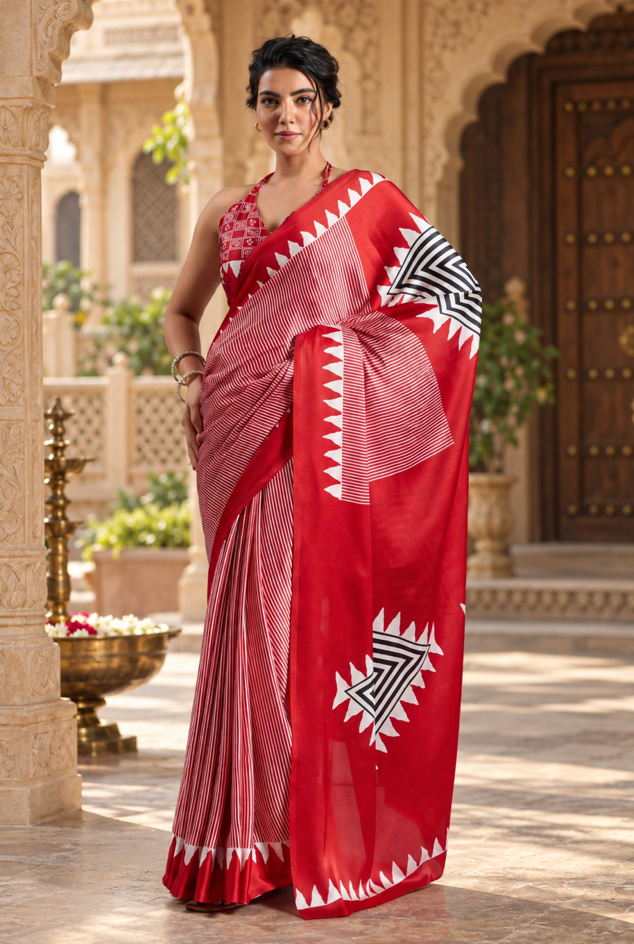 Satin Silk Ajrakh Printed Saree With Unstitched Blouse(Red)