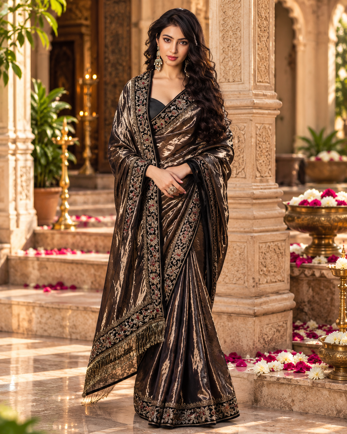 Soft Twill Net Party Wear Saree With Unstitched Blouse(Brown)