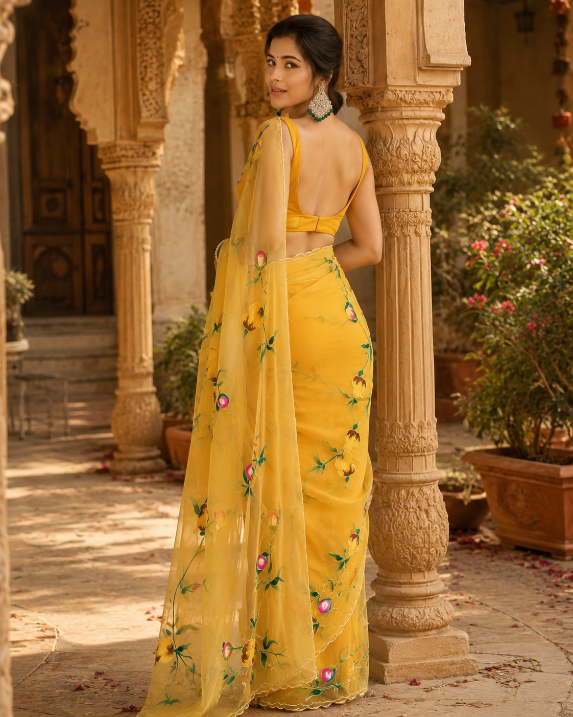 Organza Silk Ready To wear Printed Saree With Unstitched Blouse(Yellow)