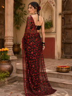 Georgette Flower Sequins Embroidery Work Saree With Unstitched Blouse(Red)