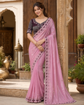 Premium Satin Silk Embroidery Work Saree With Unstitched Blouse(Pink)