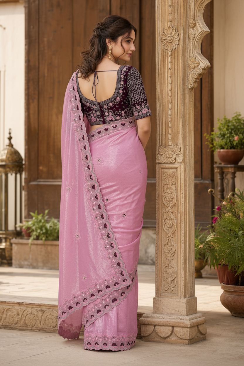 Premium Satin Silk Embroidery Work Saree With Unstitched Blouse(Pink)