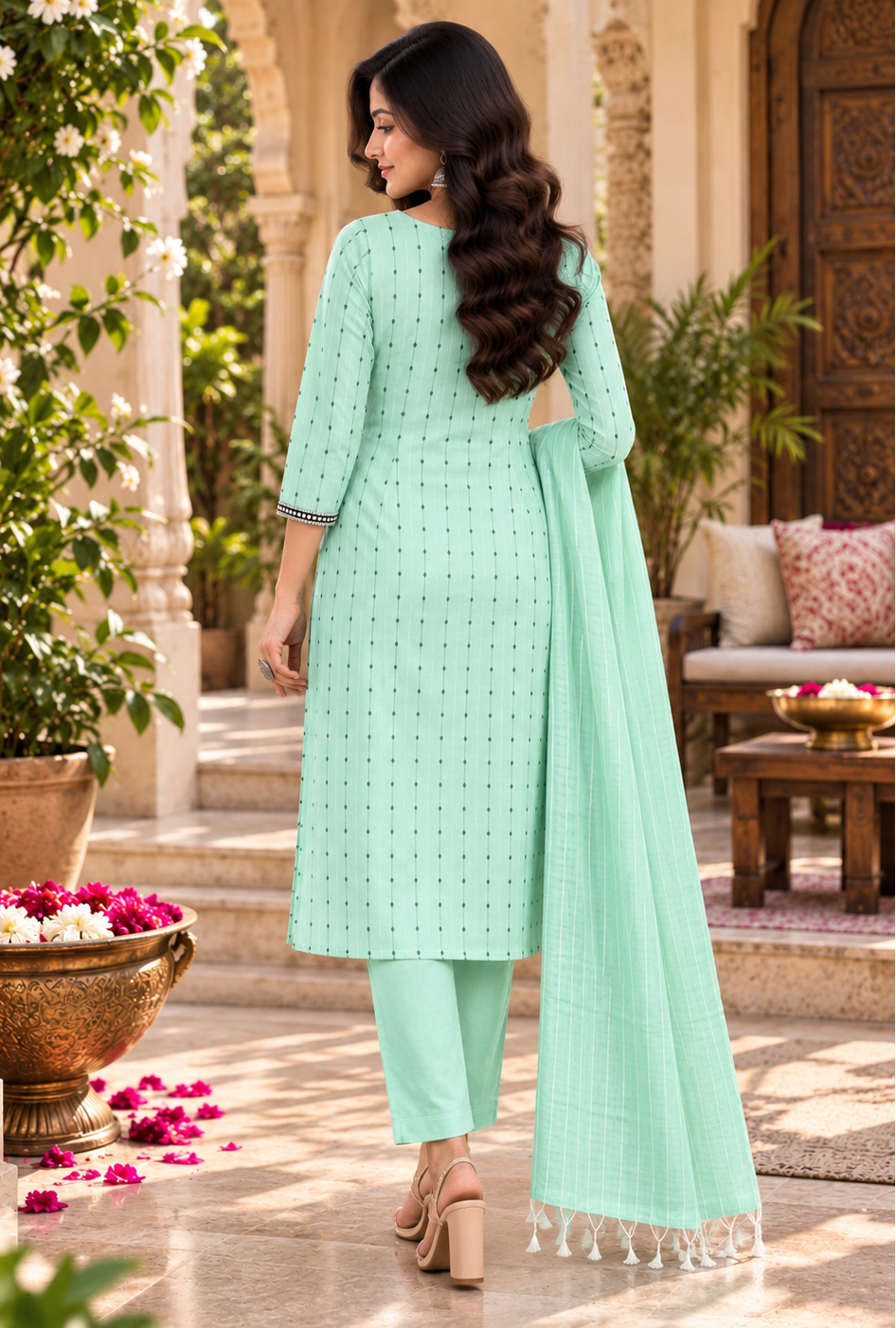 Cotton Kurti Pant Set With Dupatta(Teal)