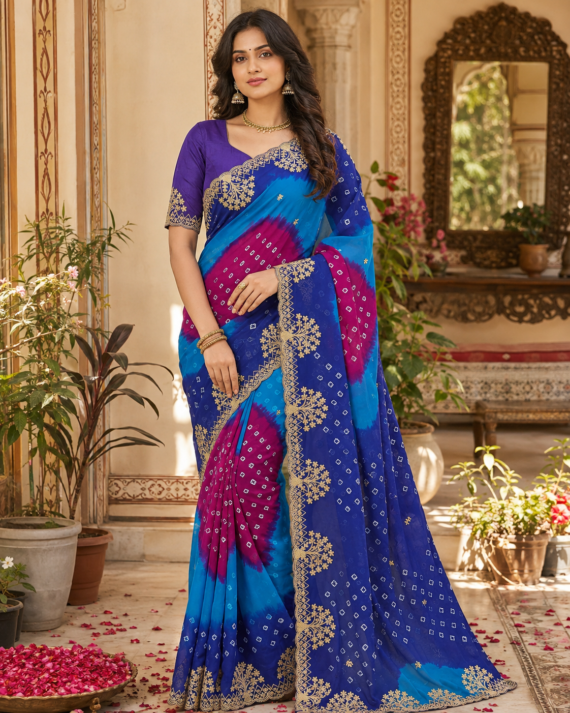 Georgette Bandhani Print Saree With Unstitched Blouse(Blue)