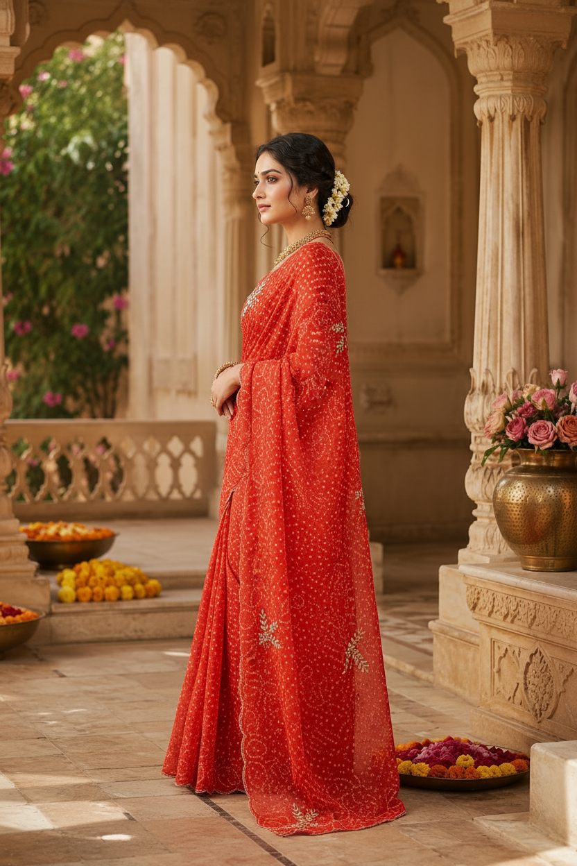 Georgette Hand Work Border Cut Saree With Unstitched Blouse(Red)
