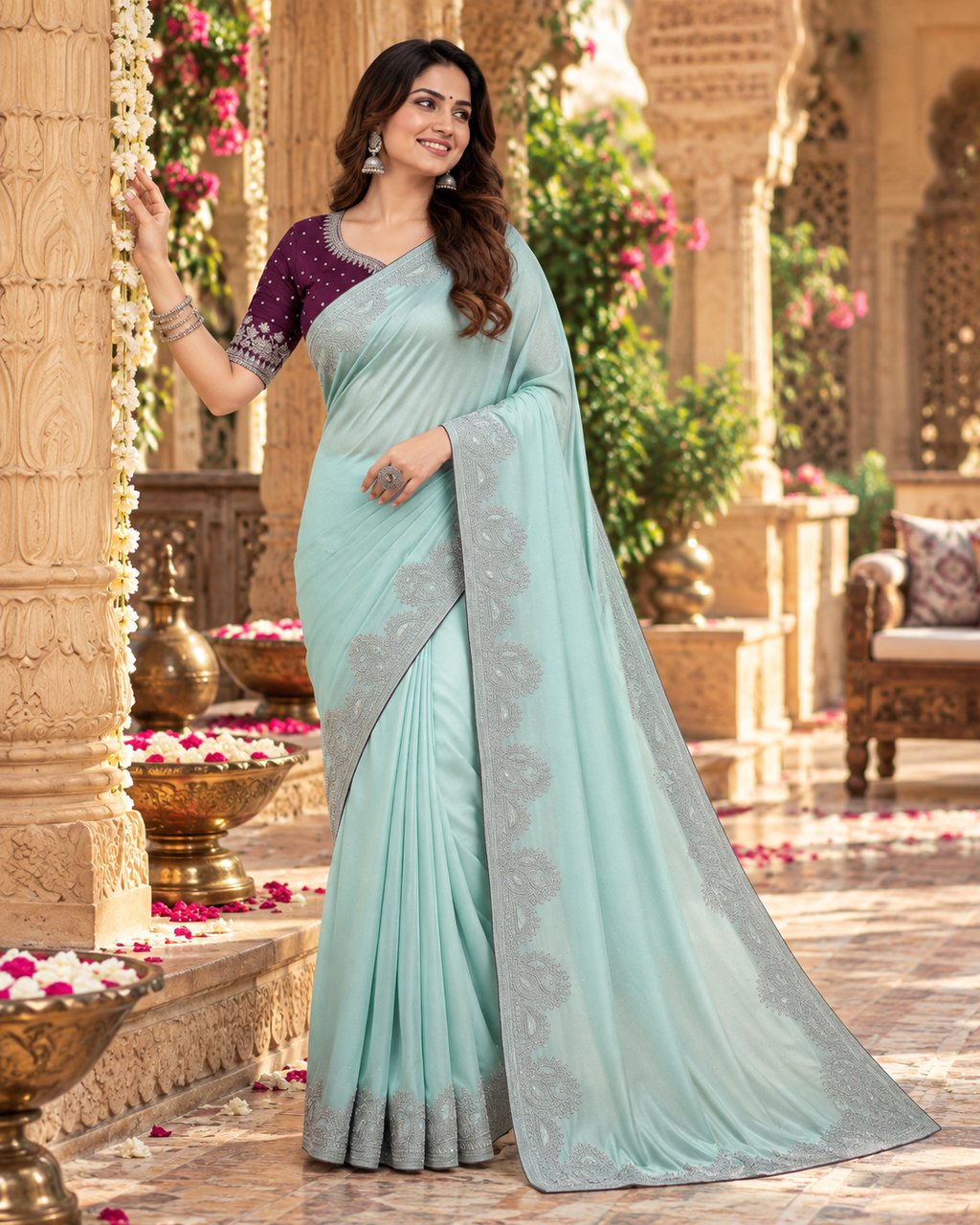Chinon Silk Embroidery Work Saree With Unstitched Blouse(Sky Blue)