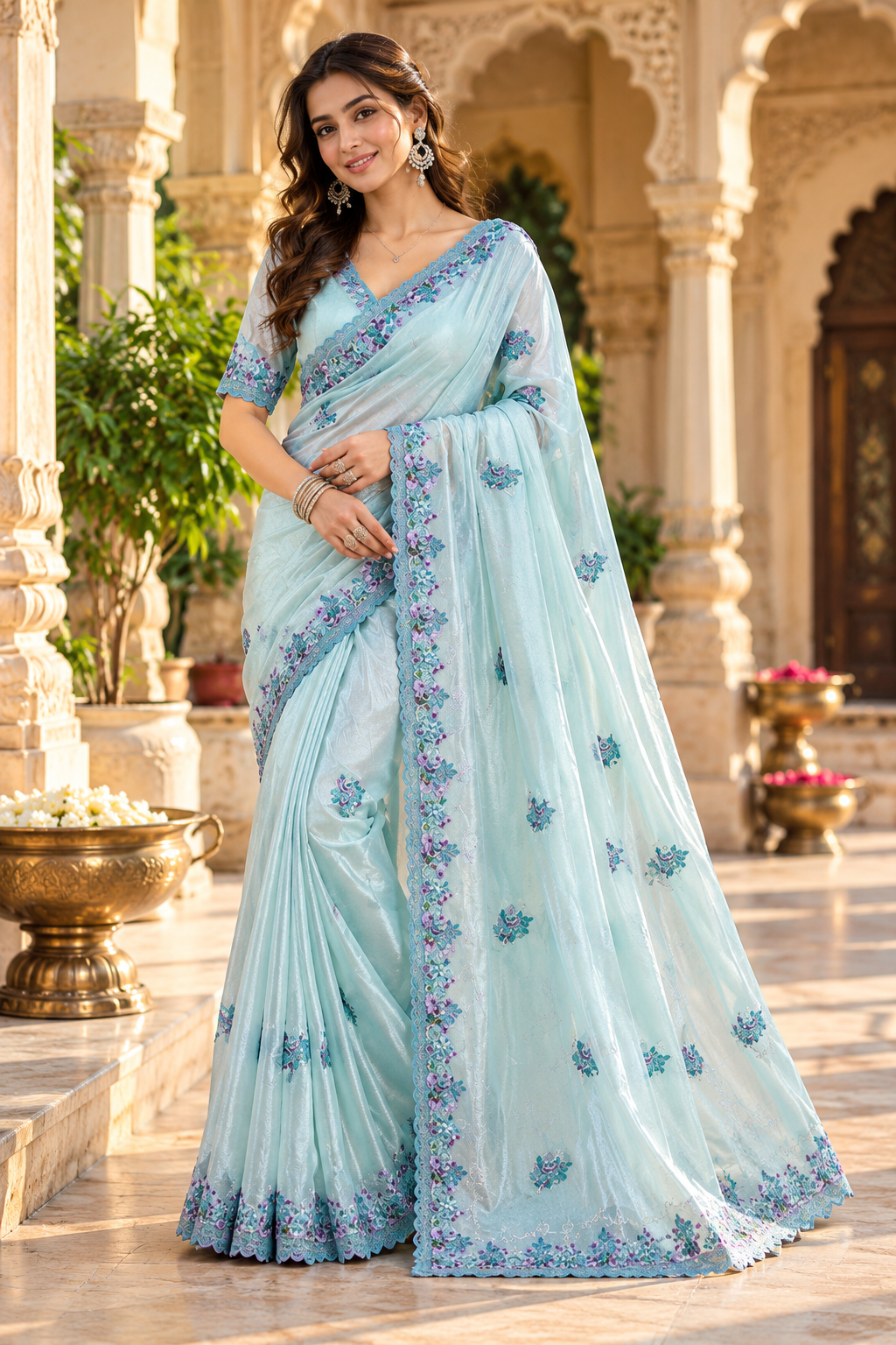 Crush Silk Embroidery Work Saree With Unstitched Blouse(Sky)