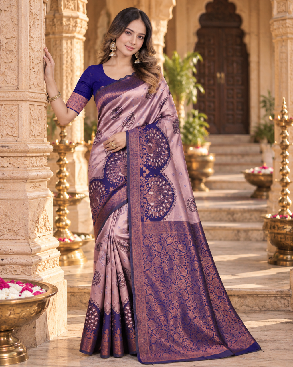 Banarasi Zari Weaving Saree With Unstitched Blouse(Pink)